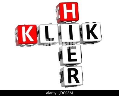 3D Klik Hier Kreuzworträtsel auf weißem Hintergrund Stockfoto