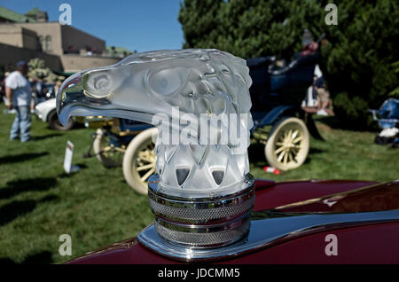 Hershey, PA-Juni 11, 2017: Kühlerfigur 1940 Packard 1806 Custom Super acht Convertible Victoria Darrin. Stockfoto