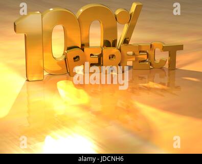 3D 100 Prozent perfekt Gold Text auf gelbem Hintergrund Stockfoto