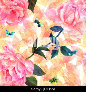 Nahtloses Muster mit Aquarell Zeichnungen der Blüte rosa Rosen, Kamelien, Pfingstrosen und Schmetterlinge, Hand bemalt auf einem goldenen gelben Hintergrund mit Stockfoto