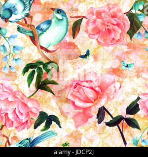 Nahtlose Muster mit Aquarell Zeichnungen/Petrol blaue Vögel, rosa Rosen, Kamelien, und Pfingstrosen und Schmetterlinge, handgemalte auf Pastell Hintergrund o Stockfoto