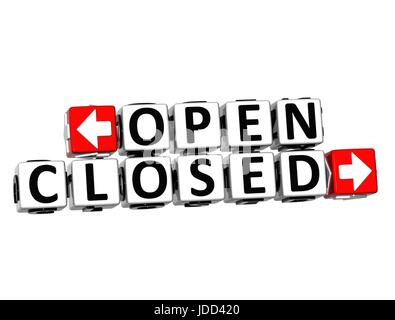 3D Open geschlossen Taste klicken Sie hier Block Text auf weißem Hintergrund Stockfoto