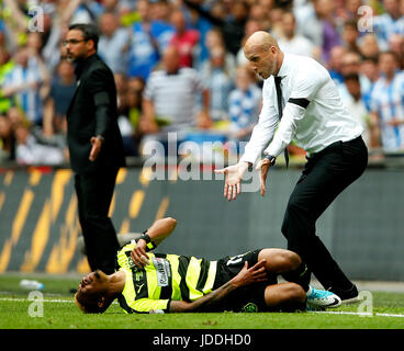 London, UK. 29. Mai 2017. Lesung-Manager, wie Jaap Stam als Rajiv van La Parra von Huddersfield Town reagiert liegt während der SkyBet Meisterschaft spielen Off Finale im Wembley-Stadion, England verletzte. Bild Datum: 29. Mai, 2017.Picture Kredit sollte lauten: Matt McNulty/Sportimage/CSM/Alamy Live News Stockfoto