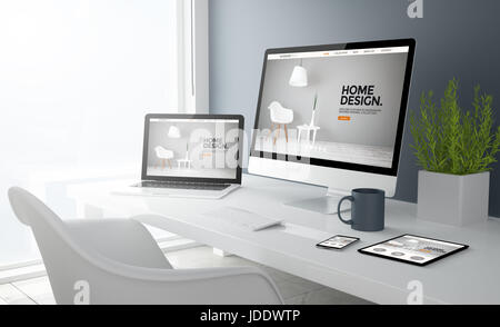 3D-Rendering des Desktops mit allen Geräten, die Interieurgestaltung Webseite zeigen. Alle Bildschirm-Grafiken bestehen. Stockfoto