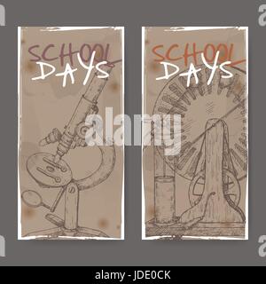 Zwei Banner mit Schule im Zusammenhang mit Mikroskop und elektrischen Generator Modell Skizzen. Stock Vektor