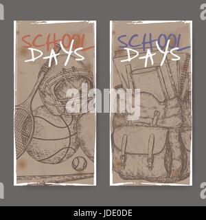 Zwei Banner mit Schule im Zusammenhang mit Skizzen mit Sport-Ausrüstung und Rucksack. Stock Vektor