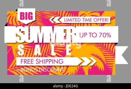 Sommer Sale Banner mit tropischen exotischen Palmen Blätter und Pflanzen orange und rosa Hintergrund. Vektor helle florale Muster weißer Text zeitlich begrenztes Angebot, f Stock Vektor