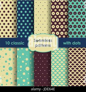 Satz von Retro-Musterdesigns mit Polka Dots. Kann als Hintergrund, Stoff drucken, Scrapbooking etc. verwendet werden. Stock Vektor