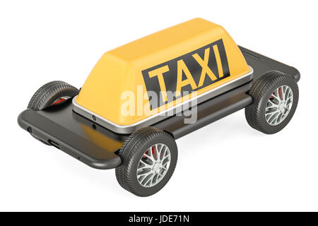 Taxi-Service-Konzept, Telefon mit Rädern. 3D-Rendering isoliert auf weißem Hintergrund Stockfoto