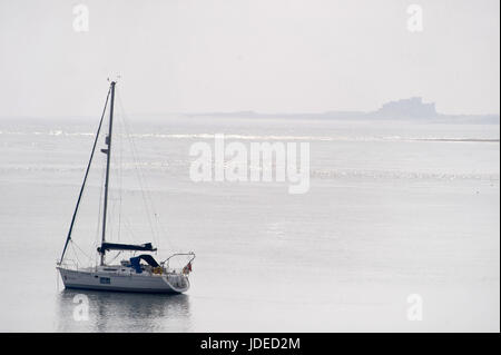 Yacht vor Anker vor heiligen Insel mit Bamburgh Castle im Hintergrund Stockfoto