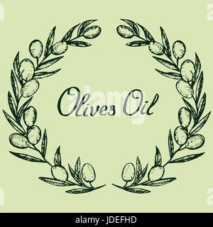Olivenzweige, Olivenöl Etikettendesign mit Inschrift, Holzschnitt-Style-Design, Hand gezeichnete Doodle, skizzieren im Pop-Art-Stil, Vektor-illustration Stock Vektor