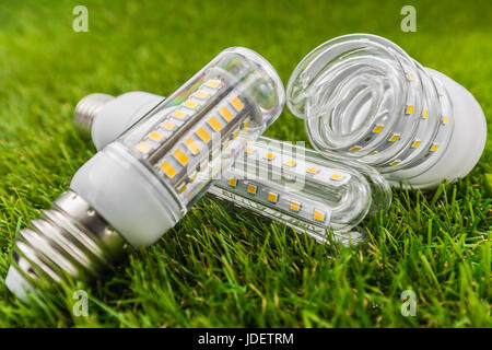 verschiedene Arten von ökologischer und wirtschaftlicher LED-Lampen wie die CFL-Lampen auf der grünen Wiese Stockfoto