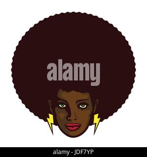 Schwarze Frau mit afro Haar und Blitz Ohrstecker Vector Illustration , groovy cool girl Gesicht Stock Vektor