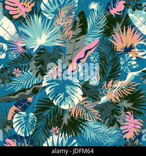 Tropischer Sommer print mit exotischen Blätter und Pflanzen. Trendige Farben Hand Zeichnung nahtlose Muster Stock Vektor