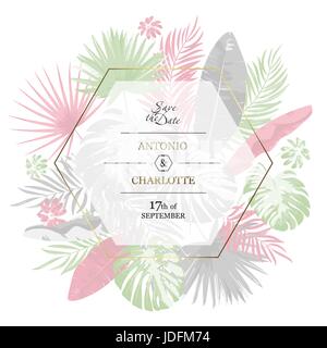 Trendige tropische Blätter Sechseck Vektor Designe. Speichern Sie die Datum-Plakat-Vorlage. Stock Vektor
