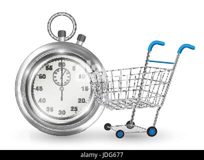 Stoppuhr leeren Einkaufswagen auf weißem Hintergrund Stock Vektor