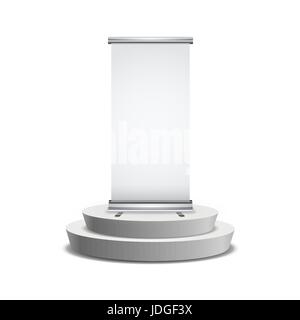 Leere realistische Rollup-Banner mit Schatten auf runden Podest auf weiß Stock Vektor