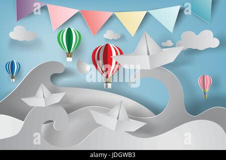 Papierkunst des Origami gemacht Segelboot mit Meeresblick Stock Vektor