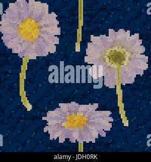 Vektor Gänseblümchen Musterdesign. Denim Blumentapete. Blaue Jeans Hintergrund mit Blumen. Stock Vektor