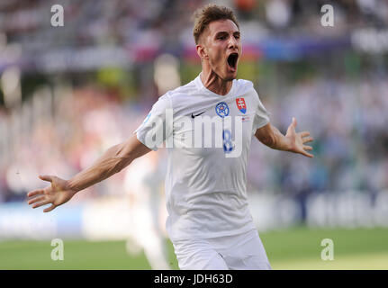 Martin Chrien Gol während der UEFA European Under-21 Spiel zwischen der Slowakei und England in Kolporter Arena am 19. Juni 2017 in Kielce, Polen. (Foto: MB-Media) Stockfoto