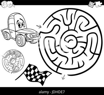 Schwarz / Weiß Cartoon Illustration der Bildung Irrgarten oder Labyrinth-Spiel für Kinder mit Racing Auto Malvorlagen Stock Vektor