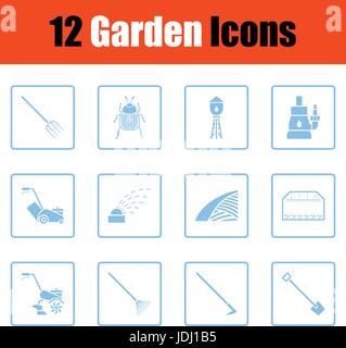 Set von Gartenarbeit Icons. Blauer Rahmen-Design. Vektor-Illustration. Stock Vektor