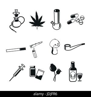 Medikamente Icons Set. Marihuana Drogen, sucht und Kapsel, rauchen Pfeife, Tablette Apotheke, Vektor-illustration Stock Vektor
