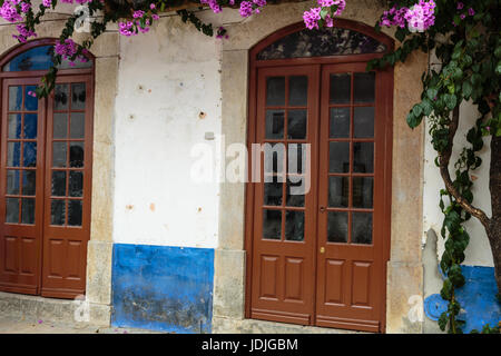Antiker portugiesischer Architektur: Alte Braun Tür in der Nähe von Vegetation in Obidos Main Street - Portugal Stockfoto