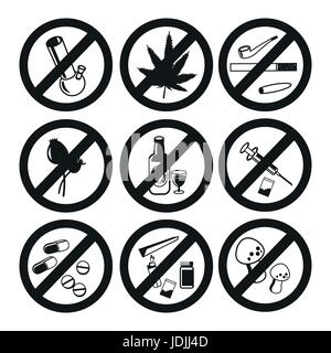 Keine Drogen Icons Set, Marihuana Drogen, sucht und Kapsel, Rauchrohr, Tablet-Apotheke, Vektor-illustration Stock Vektor