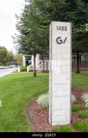 Beschilderung für Google Ventures, die Venture-Capital-Aufteilung der Google Inc, im Googleplex, Sitz der Google Inc in das Silicon Valley Stadt Mountain View, Kalifornien, 7. April 2017. Stockfoto