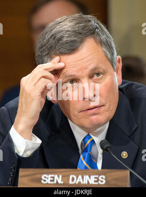 Washington, USA. 20. Juni 2017. Senator der Vereinigten Staaten Steven Daines (Republikanische Montana) Fragen US Minister fuer dem inneren Ryan Zinke, wie er vor dem United States Senate Committee on Energie und Ressourcen auf dem Präsidenten Haushaltsantrag für das Departement des Innern Geschäftsjahr bis 2018 auf dem Capitol Hill in Washington, DC am Dienstag, 20. Juni 2017 erscheint. Bildnachweis: MediaPunch Inc/Alamy Live-Nachrichten Stockfoto