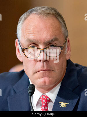 Washington, USA. 20. Juni 2017. Vereinigte Staaten Minister fuer dem inneren Ryan Zinke erscheint vor dem United States Senate Committee on Energie und Ressourcen auf dem Präsidenten Haushaltsantrag für das Departement des Innern Geschäftsjahr bis 2018 auf dem Capitol Hill in Washington, DC am Dienstag, 20. Juni 2017. Bildnachweis: MediaPunch Inc/Alamy Live-Nachrichten Stockfoto