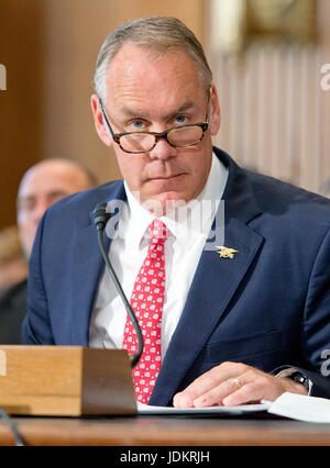 Washington, USA. 20. Juni 2017. Vereinigte Staaten Minister fuer dem inneren Ryan Zinke erscheint vor dem United States Senate Committee on Energie und Ressourcen auf dem Präsidenten Haushaltsantrag für das Departement des Innern Geschäftsjahr bis 2018 auf dem Capitol Hill in Washington, DC am Dienstag, 20. Juni 2017. Bildnachweis: MediaPunch Inc/Alamy Live-Nachrichten Stockfoto