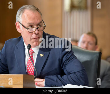 Washington, USA. 20. Juni 2017. Vereinigte Staaten Minister fuer dem inneren Ryan Zinke erscheint vor dem United States Senate Committee on Energie und Ressourcen auf dem Präsidenten Haushaltsantrag für das Departement des Innern Geschäftsjahr bis 2018 auf dem Capitol Hill in Washington, DC am Dienstag, 20. Juni 2017. Bildnachweis: MediaPunch Inc/Alamy Live-Nachrichten Stockfoto