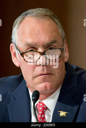 Washington, USA. 20. Juni 2017. Vereinigte Staaten Minister fuer dem inneren Ryan Zinke erscheint vor dem United States Senate Committee on Energie und Ressourcen auf dem Präsidenten Haushaltsantrag für das Departement des Innern Geschäftsjahr bis 2018 auf dem Capitol Hill in Washington, DC am Dienstag, 20. Juni 2017. Bildnachweis: MediaPunch Inc/Alamy Live-Nachrichten Stockfoto