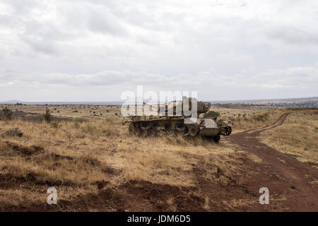 Golanhöhen, Israel. 19. Mai 2017. Eine britische gemacht '' Centurion'' Main Battle Tank sitzt aus den sechs Tag Weg in israelischen besetzten Syrien verlassen. Bildnachweis: Alex Edelman/ZUMA Draht/Alamy Live-Nachrichten Stockfoto