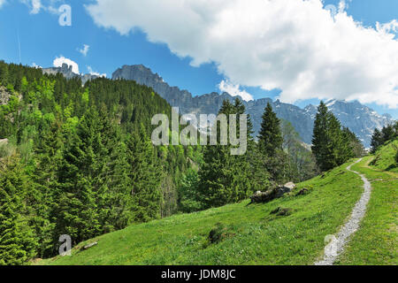 Landschaft der Straße vor dem Hintergrund der Berge in den Alpen Stockfoto