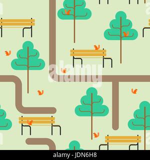 Park-Map-Muster. Pfad und Baum-Ornament. Bank und Eichhörnchen. Quadratische Landschaft Hintergrund. Kinder-Stoff Stock Vektor