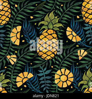Tropischen Musterdesign mit Ananas und Palm verlässt. Hand gezeichnet, handbemalt Aquarell Abbildung. Stockfoto