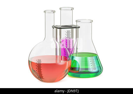 Satz von chemischen Fläschchen mit farbigen Flüssigkeit, 3D Rendering, isoliert auf weißem Hintergrund Stockfoto