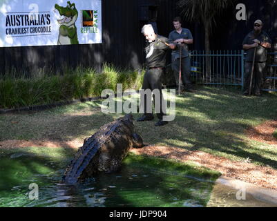 Somersby, Australien - 28. Mai 2017. Fütterung Show von Australiens crankiest Krokodil Elvis Wohnsitz Salzwasserkrokodil bei The Australian Reptile P Stockfoto