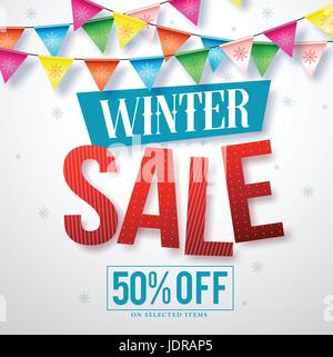 Winter Sale Vektor Banner-Design für Promotions mit hängenden, bunten Luftschlangen und Schneeflocken in weißem Hintergrund. Vektor-Illustration. Stock Vektor