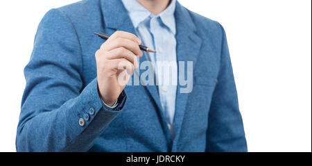 Business-Mann hält einen Stift auf weißem Hintergrund. Geschäftsmann zu schreiben. Stockfoto