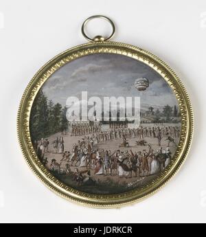 Klein Gerahmte Gemälde Gebrüder Montgolfier erste öffentliche aerostatischen Experiment in Annonay am 4. Juni 1783 Gouache (Durchmesser 8,5 cm) Müller-Quênot Sammlung seit Dezember 1782, Joseph-Michel et Etienne Montgolfier aeronautischen Experimente durchgeführt, manchmal an den Nachmittagen und während der Nacht innerhalb der Grenzen der Familie Papierfabrik. Mit dem Druck von ihren Mitarbeitern und den hartnäckigen Gerücht über die "neugierig" Engine, Etienne et Joseph-Michel abgebrochen seine ursprüngliche Starttermin am 4. Juni 1783, eine öffentliche Experiment vor der Straßenlandschaft Membres des Etats von zu halten Stockfoto