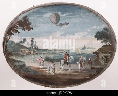 Gebrüder Montgolfier erste öffentliche aerostatischen experimentieren am 4. Juni 1783 in Annonay Malerei auf Pergament (7,2 x 9,2 cm) Müller-Quênot Sammlung seit Dezember 1782, Joseph-Michel et Etienne Montgolfier aeronautischen Experimente durchgeführt, manchmal an den Nachmittagen und während der Nacht innerhalb der Grenzen der Familie Papierfabrik. Mit dem Druck von ihren Mitarbeitern und den hartnäckigen Gerücht über die "neugierig" Engine, Etienne et Joseph-Michel abgebrochen seine ursprüngliche Starttermin am 4. Juni 1783, eine öffentliche Experiment vor der Straßenlandschaft Membres des Etats des Vivarais w zu halten Stockfoto