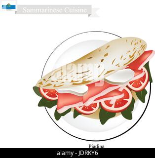 Sammarinese Küche, Illustration von Piadina oder Fladenbrot gefüllt mit gebratenem Fleisch oder Schinken, Käse und Gemüse. Eines das beliebteste Gericht in San Stock Vektor