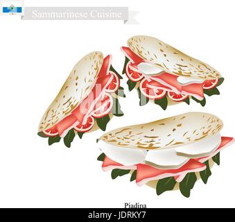 Sammarinese Küche, Illustration von Piadina oder Fladenbrot gefüllt mit gebratenem Fleisch oder Schinken, Käse und Gemüse. Eines das beliebteste Gericht in San Stock Vektor