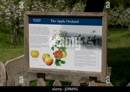 Die Apfelplantage mit erläuternden Aushang am Buckler des harten lebendiges museum Stockfoto