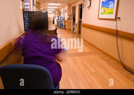 Kalispell, Montana, USA - 19. Juni 2017: Krankenschwester an Ihrem PC-Arbeitsplatz in Kalispell Regional Medical Center arbeiten Stockfoto