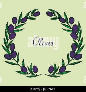 Schwarz Olivenzweigen, Olivenöl Etikettendesign mit Inschrift, Holzschnitt-Style-Design, Hand gezeichnete Doodle, skizzieren im Pop-Art-Stil, Vektor-illustration Stock Vektor